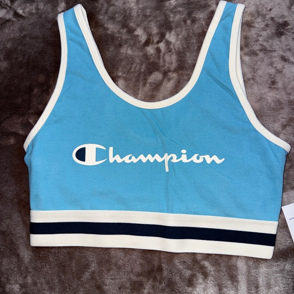 Champion Iconic Bra Top Women S‎ Milky Way Blue NEW Striped Elastic Hem